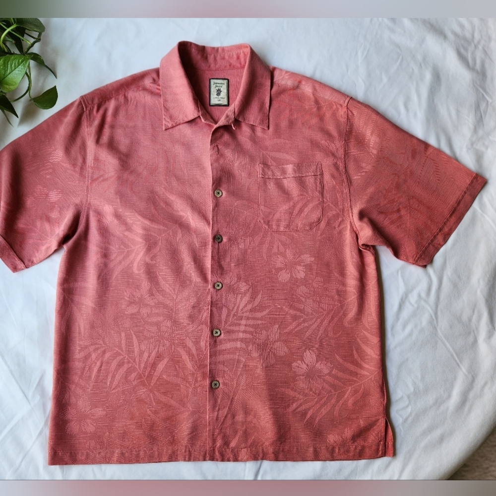 Jamaica Jaxx Hawaiian Silk Tropical Sz L Salmon Button Up Short Sleeve Shirt